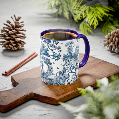 Dachshund Playing garden toile deux ceramic mug styled on a table, lifestyle photo