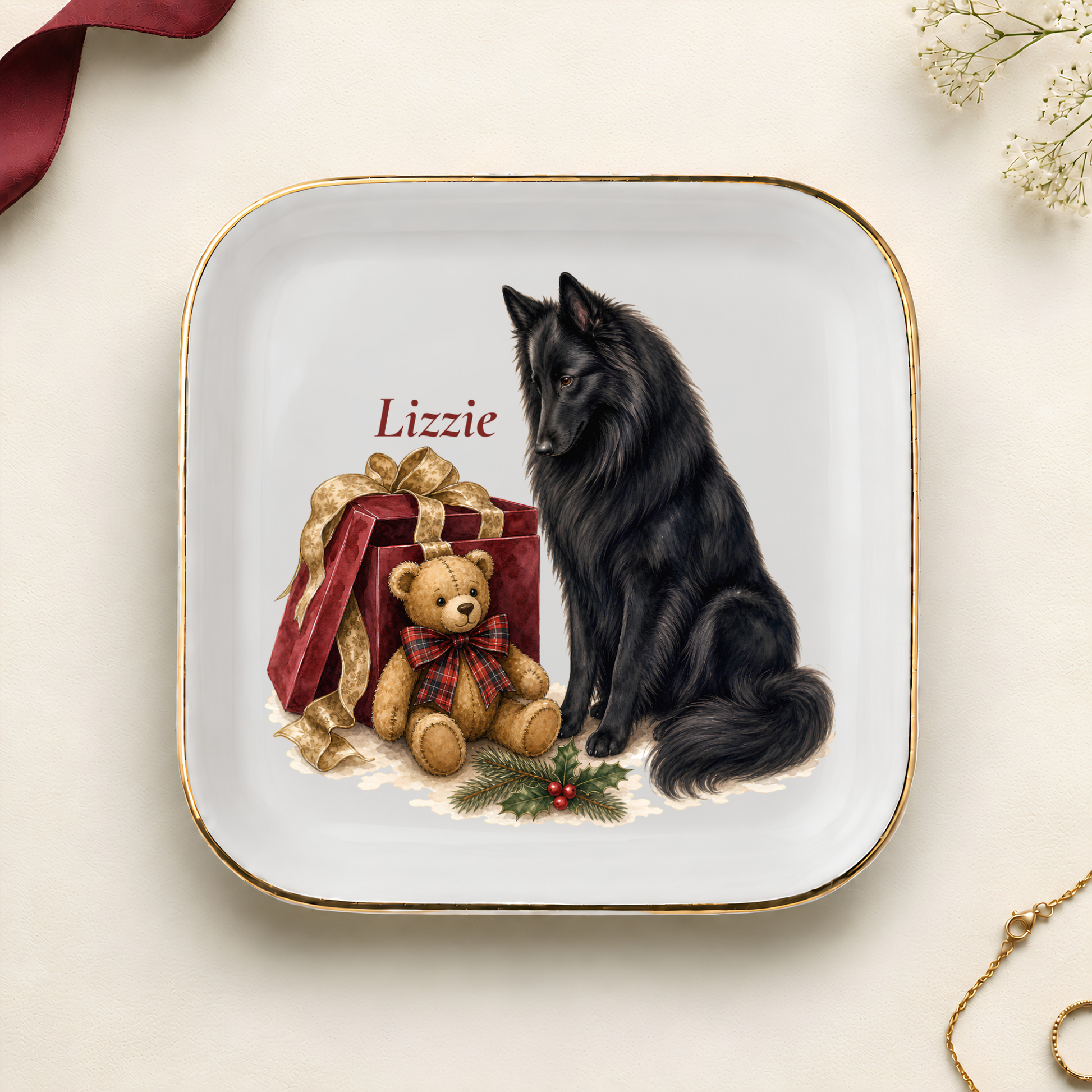 Personalized Belgian Sheepdog Christmas jewelry dish with gold rim