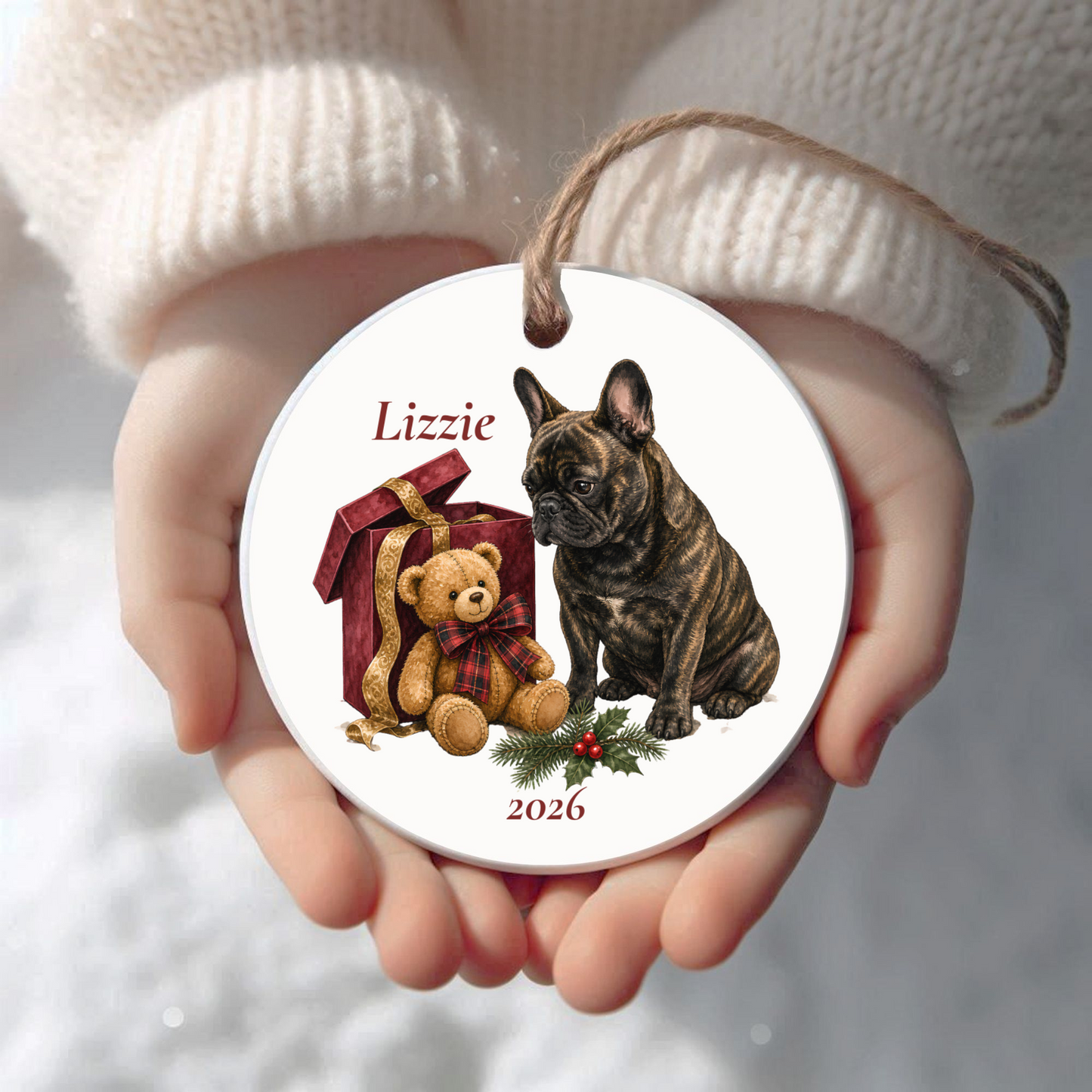 Personalized French Bulldog Christmas ornament held in cupped hands