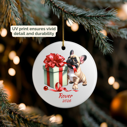 Personalized fawn French Bulldog ornament hanging on a lit Christmas tree