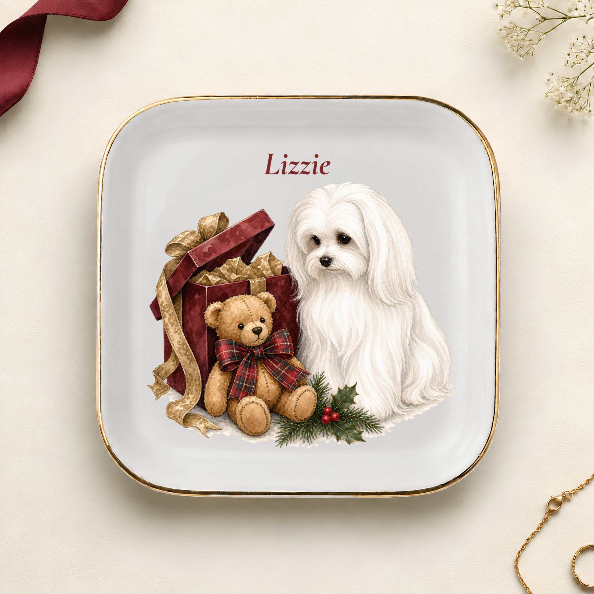 Personalized Maltese Christmas jewelry dish with gold rim