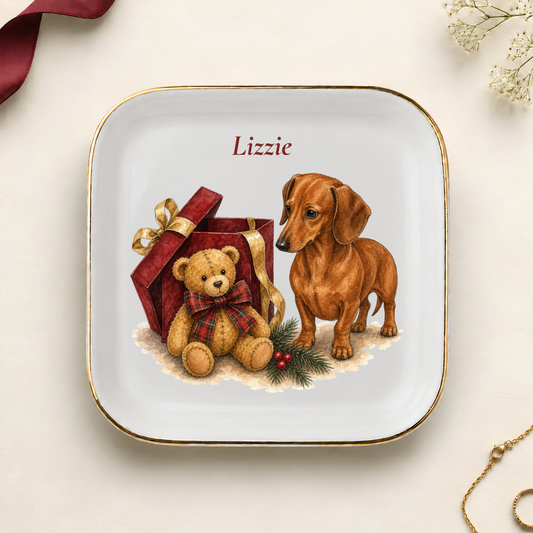 Personalized Dachshund Christmas jewelry dish with gold rim