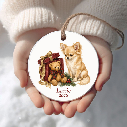 Personalized Longhaired Chihuahua Christmas ornament held in cupped hands