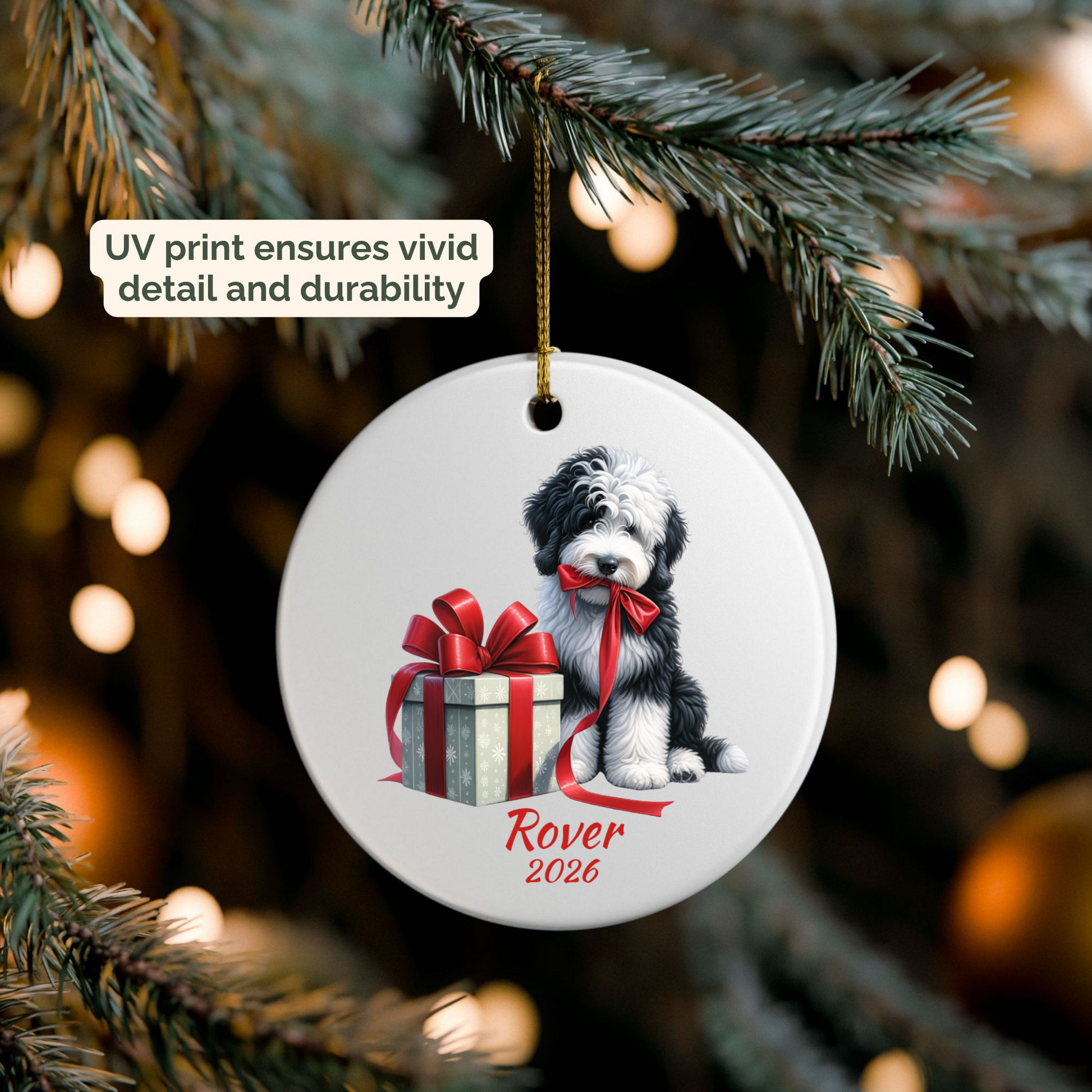 Personalized Sheepadoodle ornament hanging on a lit Christmas tree