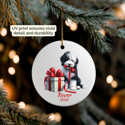 Personalized Sheepadoodle ornament hanging on a lit Christmas tree