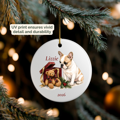 Personalized French Bulldog (Fawn & White) ornament hanging on a lit Christmas tree