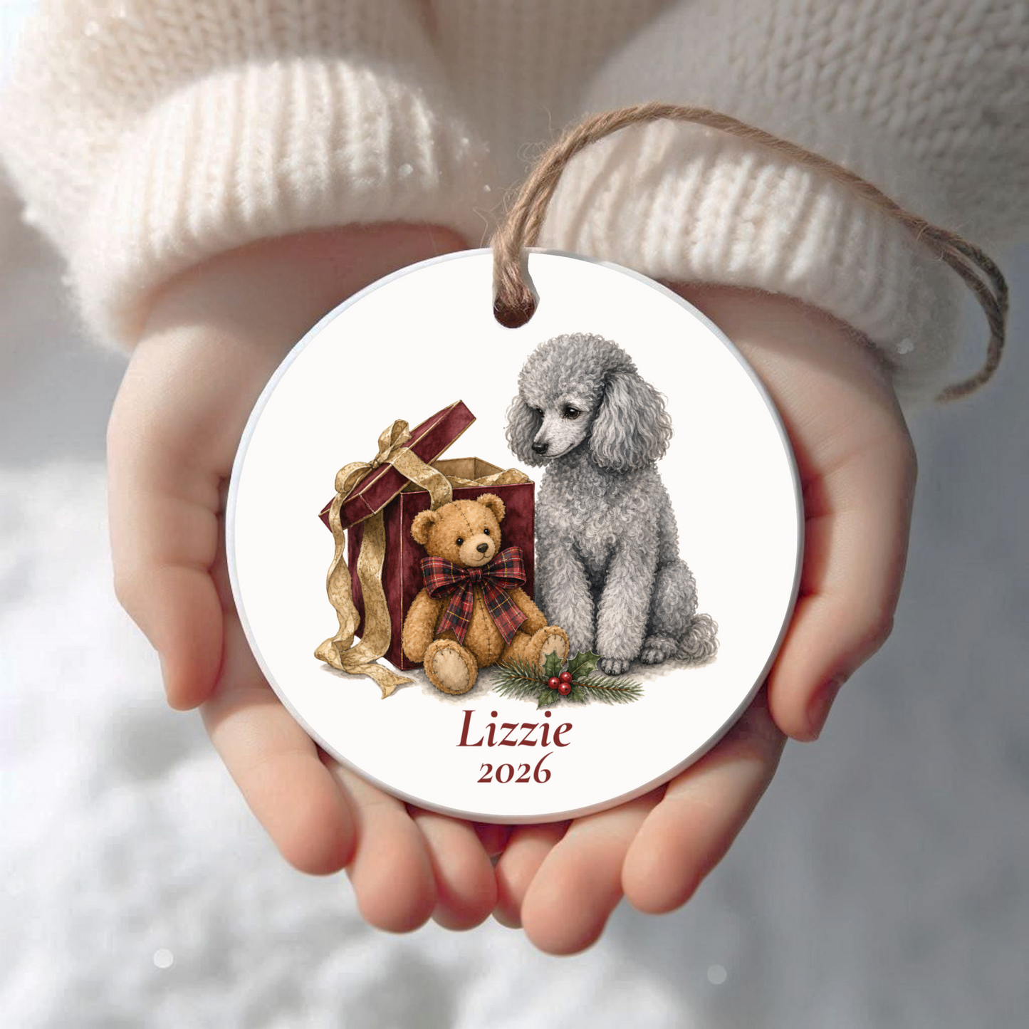 Personalized Miniature Poodle (Gray) Christmas ornament held in cupped hands