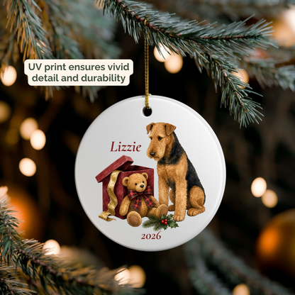 Airedale Terrier (Sitting) personalized Bear Necessities ornament packed in a gift mailer box