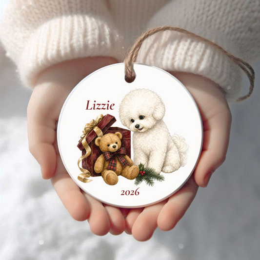 Personalized Bichon Frise Christmas ornament held in cupped hands