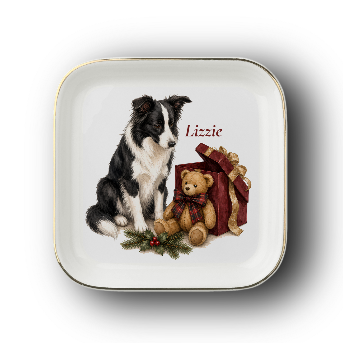 Border Collie jewelry dish on a white background