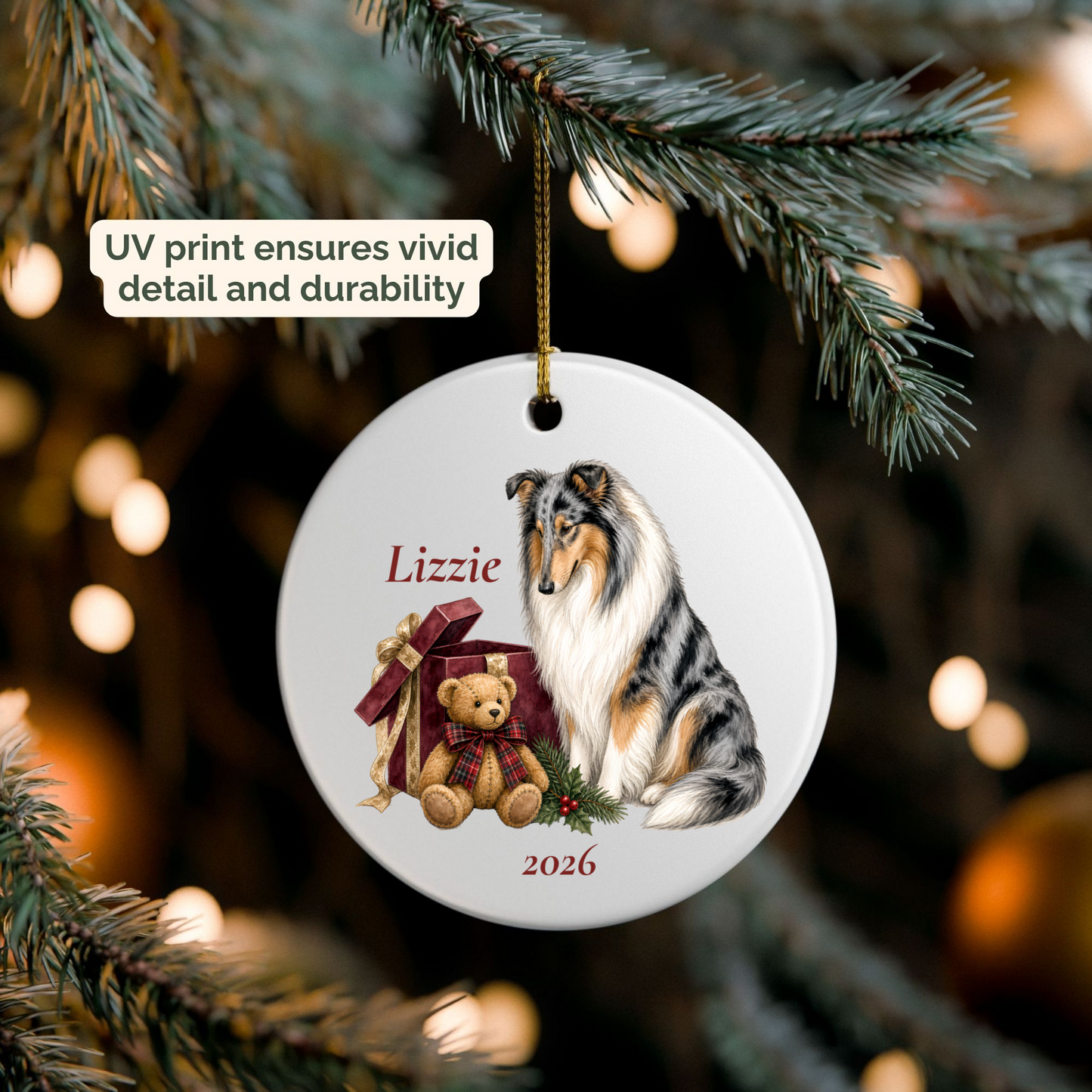 Personalized Rough Collie (Blue Merle) ornament hanging on a lit Christmas tree