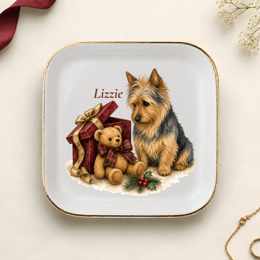 Personalized Australian Terrier Christmas jewelry dish with gold rim