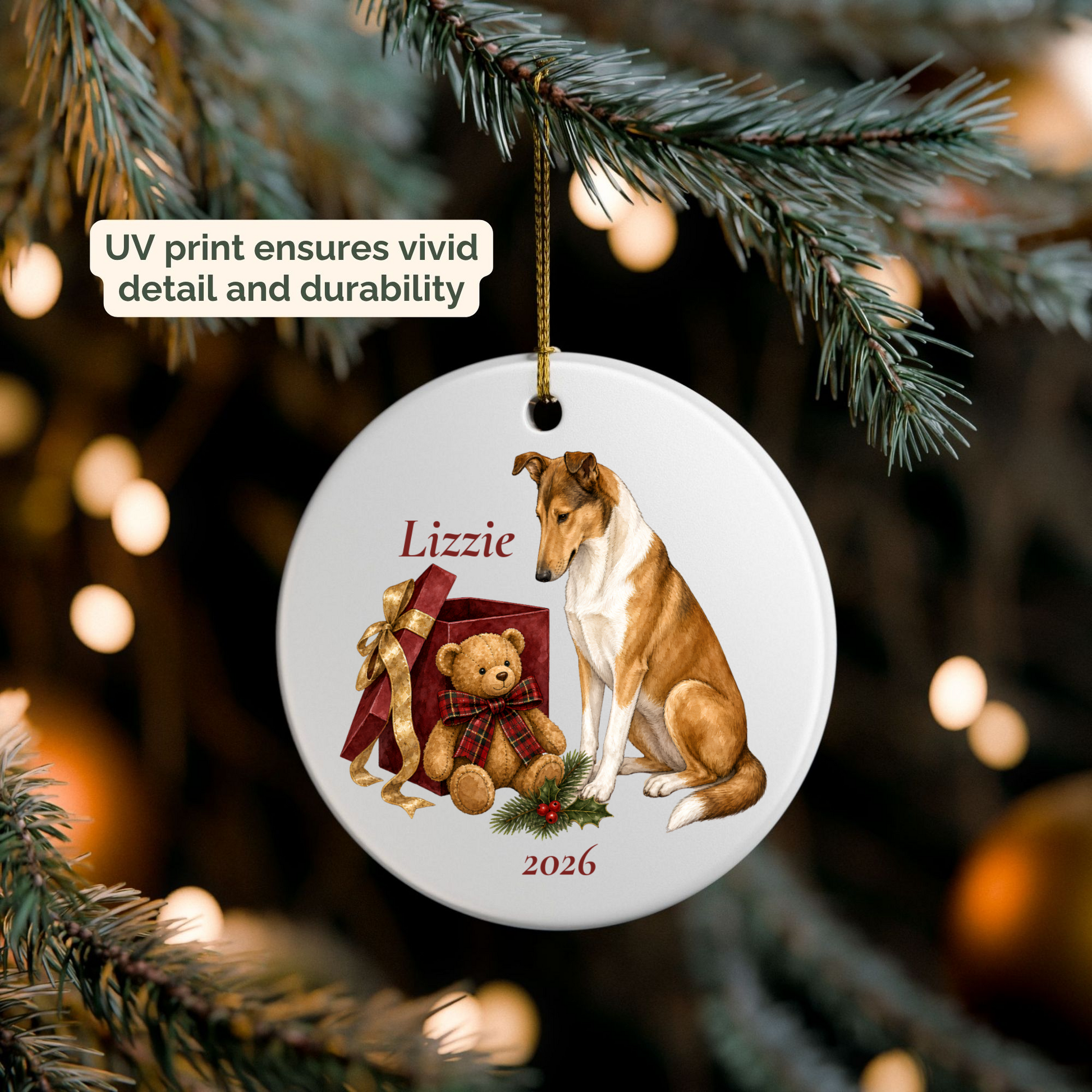 Personalized Smooth Collie ornament hanging on a lit Christmas tree
