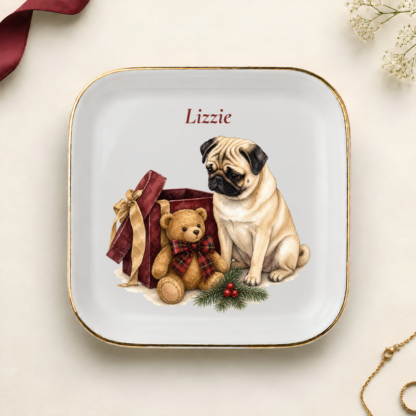 Personalized Pug Christmas jewelry dish with gold rim