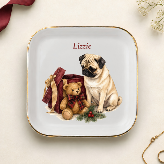Personalized Pug Christmas jewelry dish with gold rim