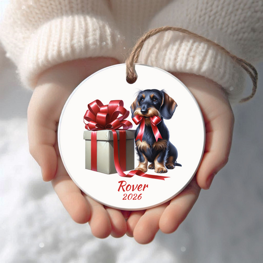 Personalized Wirehaired Dachshund Christmas ornament held in cupped hands