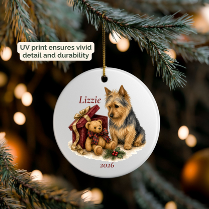 Personalized Australian Terrier ornament hanging on a lit Christmas tree