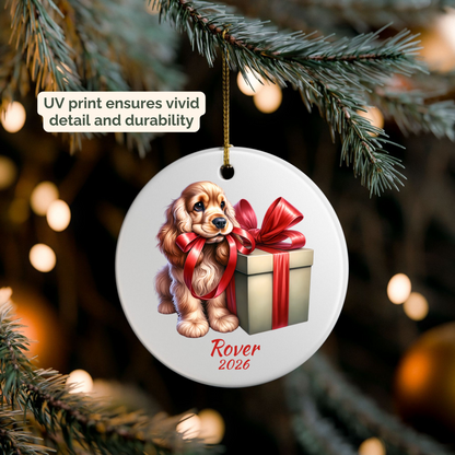Personalized American Cocker Spaniel ornament hanging on a lit Christmas tree