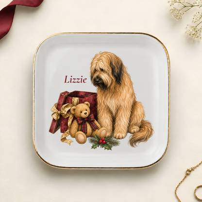Personalized Briard Christmas jewelry dish with gold rim