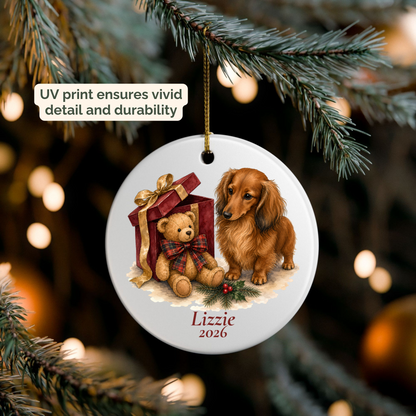 Personalized Longhaired Dachshund ornament hanging on a lit Christmas tree