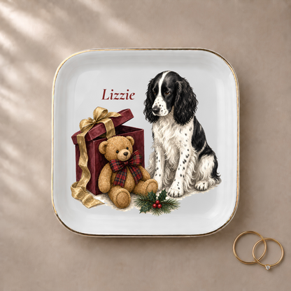 English Springer Spaniel jewelry dish styled with gold rings and a personalized name