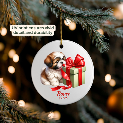Personalized Shih Tzu ornament hanging on a lit Christmas tree