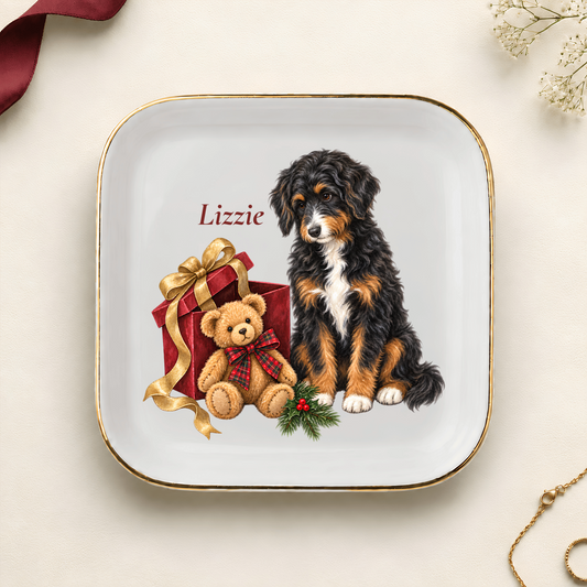 Personalized Aussiedoodle (Black Tricolor) Bear Necessities Christmas jewelry dish with gold rim