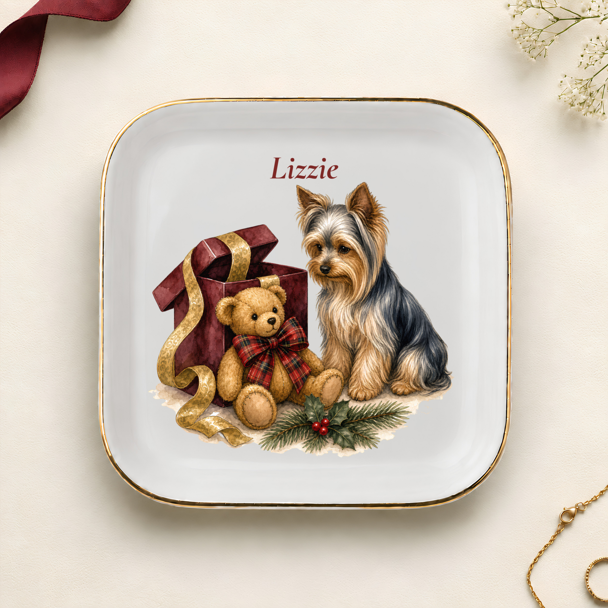 Personalized Yorkshire Terrier Christmas jewelry dish with gold rim