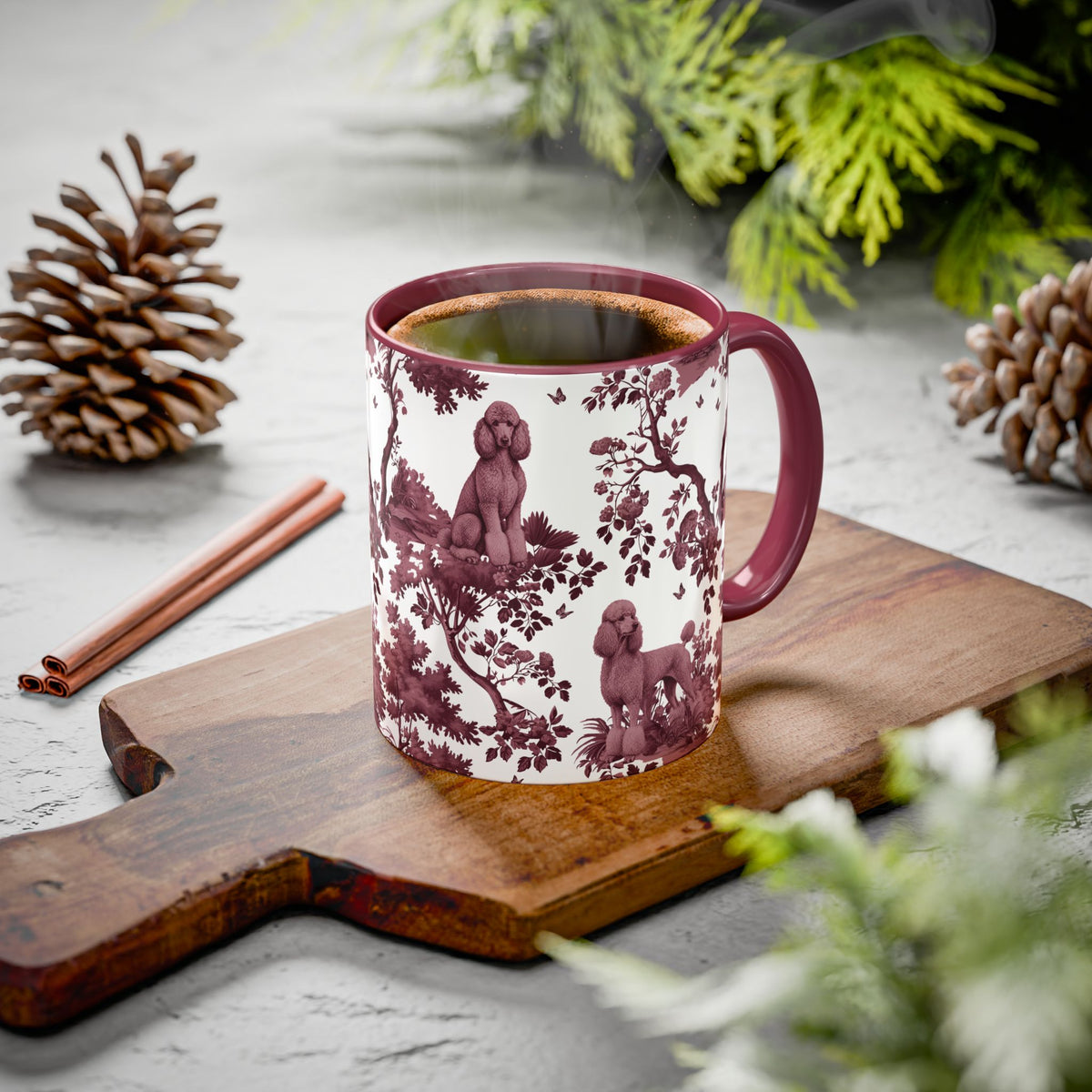 Standard Poodle cranberry toile ceramic mug styled on a table, lifestyle photo