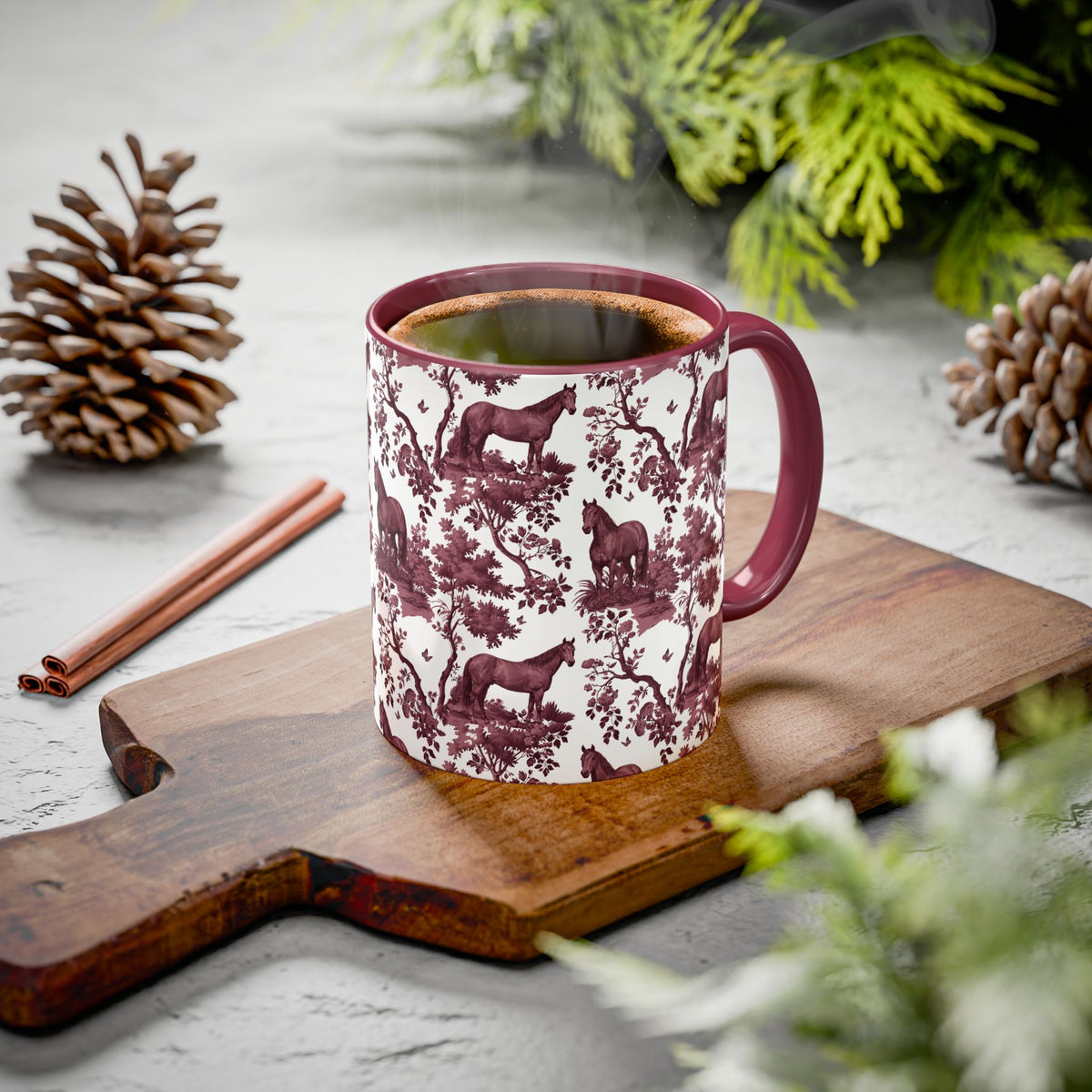 Quarter Horse petite cranberry toile ceramic mug styled on a table, lifestyle photo