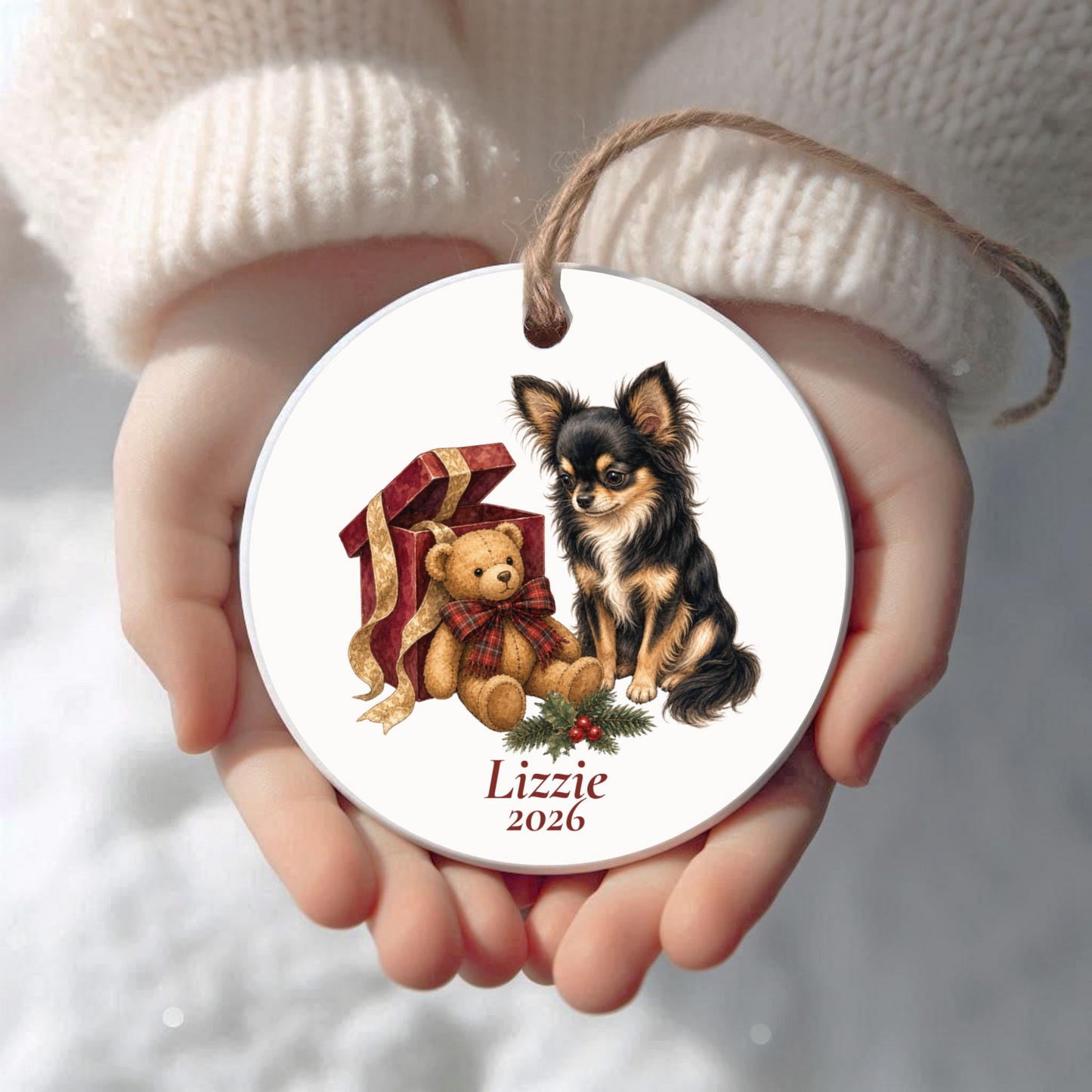 Personalized Longhaired Chihuahua (Black and Tan) Christmas ornament held in cupped hands