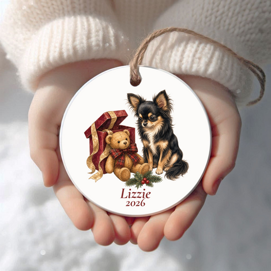 Personalized Longhaired Chihuahua (Black and Tan) Christmas ornament held in cupped hands