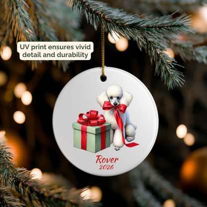 Personalized white Standard Poodle ornament hanging on a lit Christmas tree