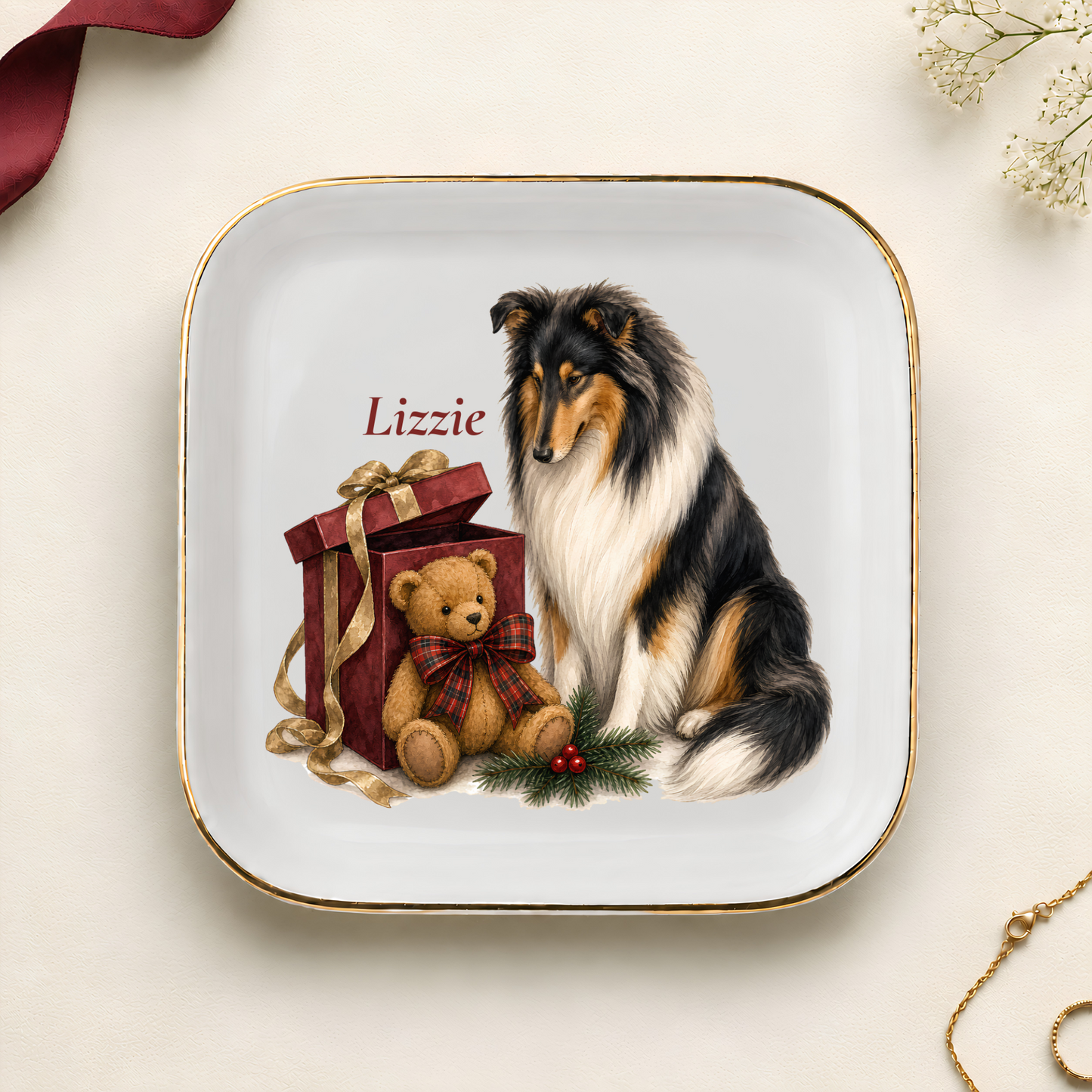 Personalized Rough Collie Christmas jewelry dish with gold rim