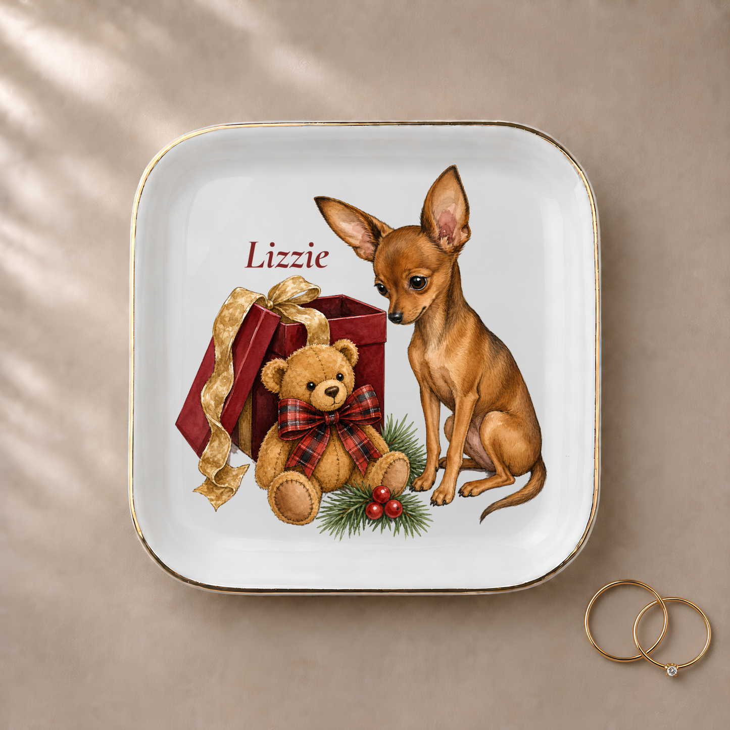 Russian Toy jewelry dish styled with gold rings and a personalized name