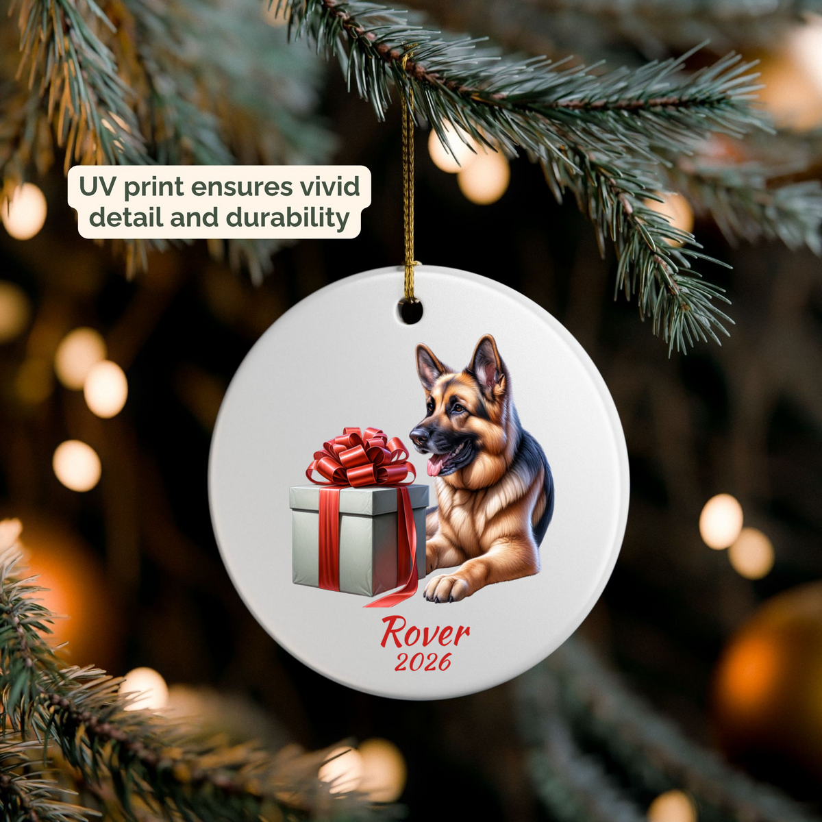 Personalized German Shepherd ornament hanging on a lit Christmas tree