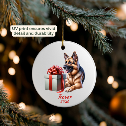 Personalized German Shepherd ornament hanging on a lit Christmas tree