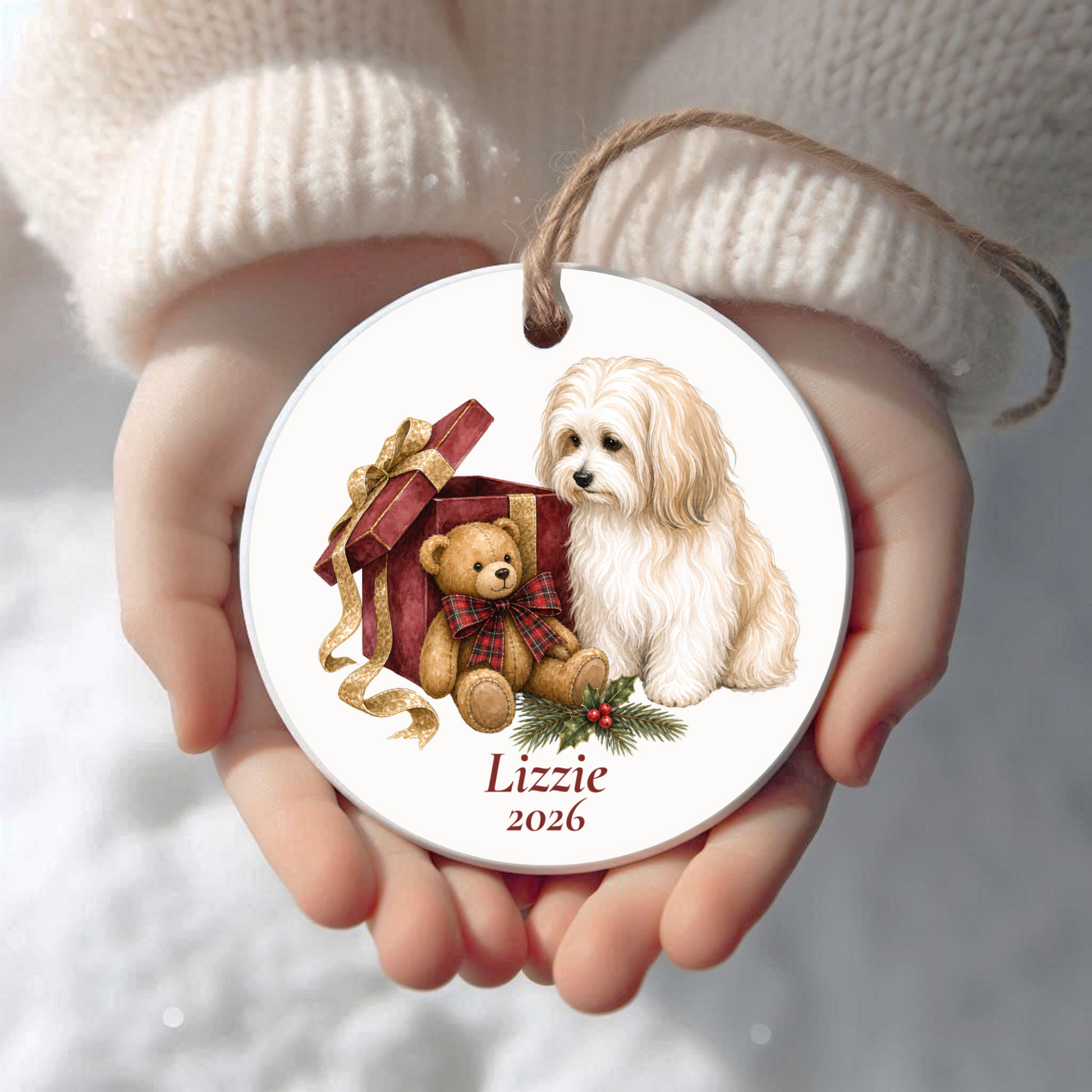 Personalized Havanese Christmas ornament held in cupped hands