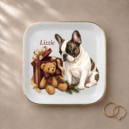 French Bulldog jewelry dish styled with gold rings and a personalized name