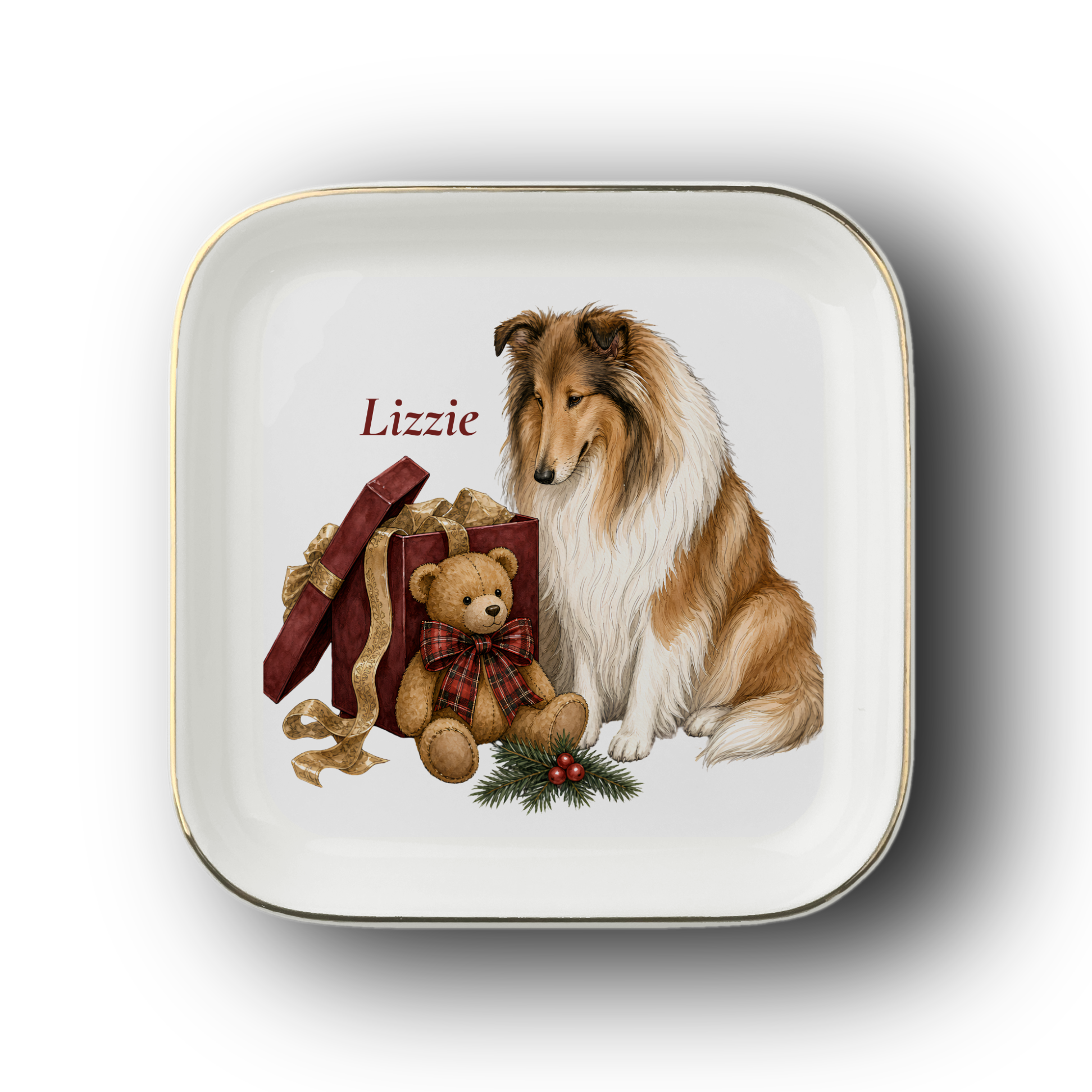 Rough Collie jewelry dish on a white background