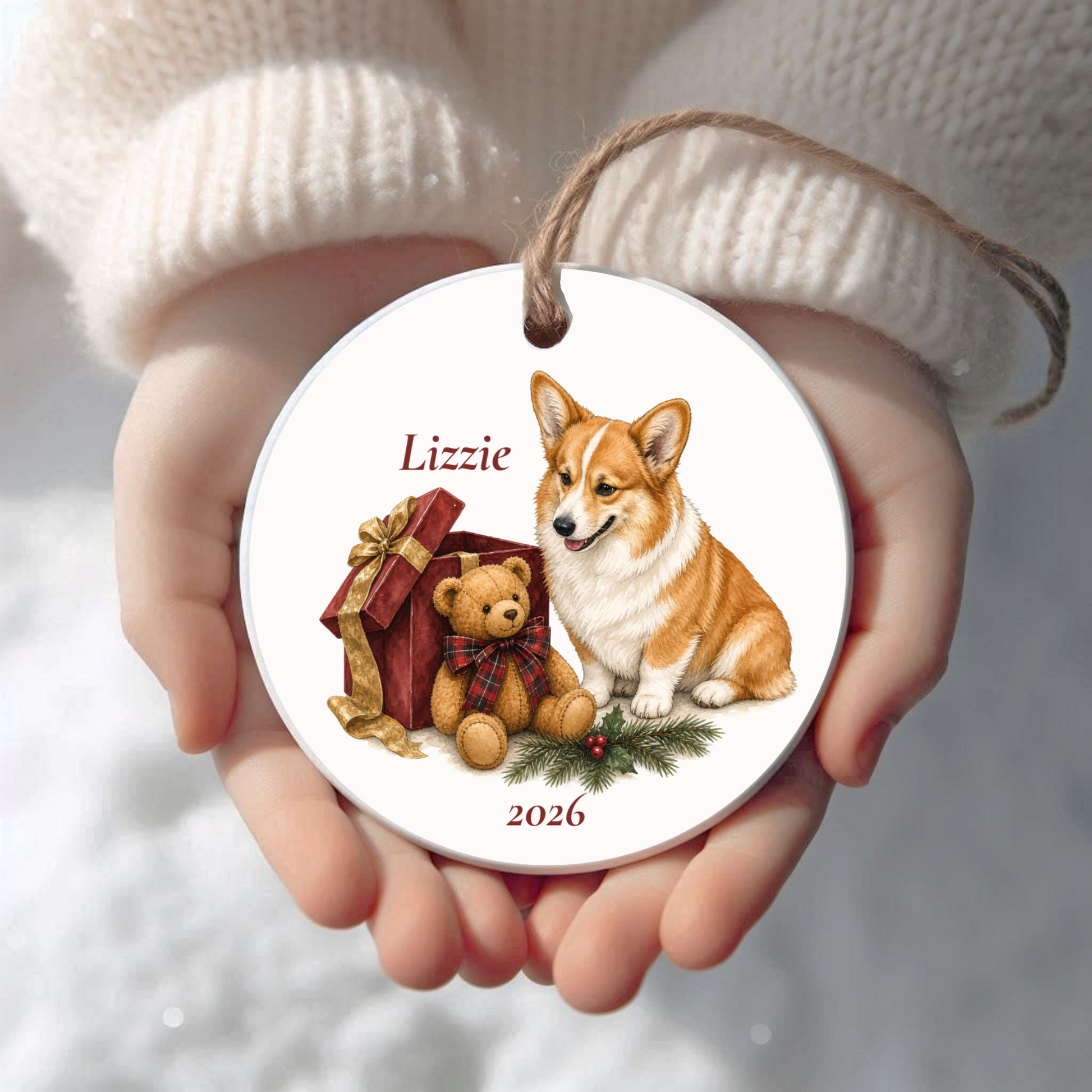 Personalized Pembroke Welsh Corgi Christmas ornament held in cupped hands