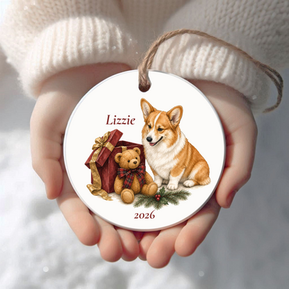 Personalized Pembroke Welsh Corgi Christmas ornament held in cupped hands
