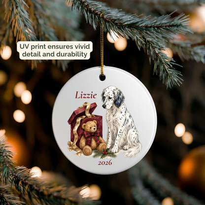 Personalized English Setter ornament hanging on a lit Christmas tree