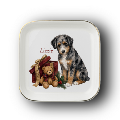 Aussiedoodle (Blue Merle) Bear Necessities jewelry dish on a white background