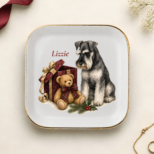 Personalized Standard Schnauzer Christmas jewelry dish with gold rim