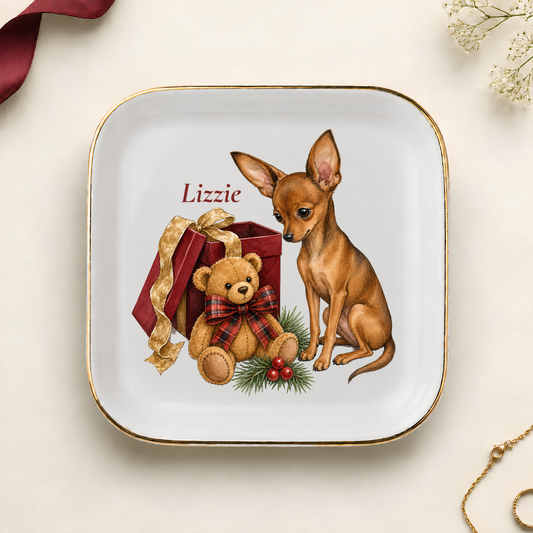 Personalized Russian Toy Christmas jewelry dish with gold rim