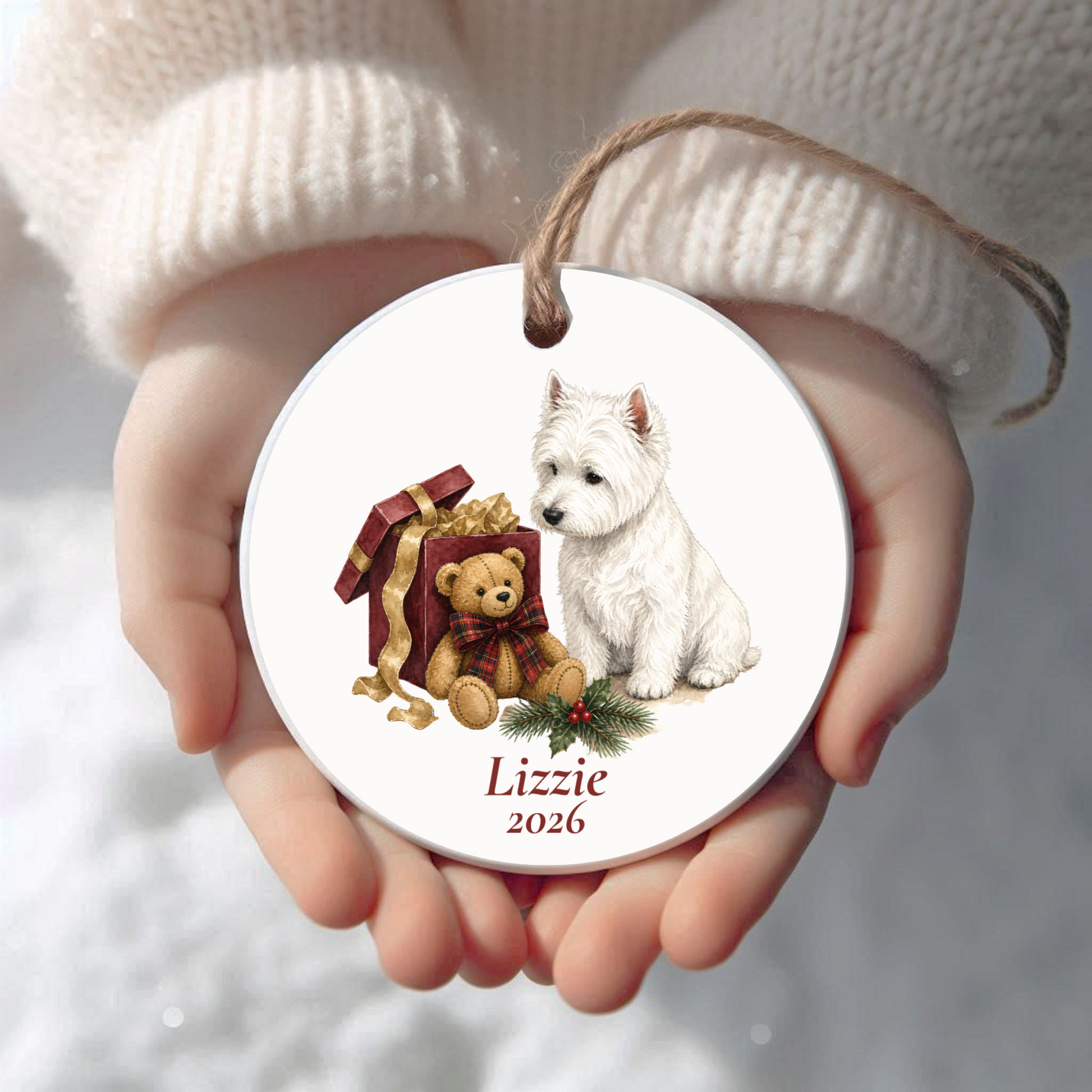 Personalized West Highland Terrier Christmas ornament held in cupped hands