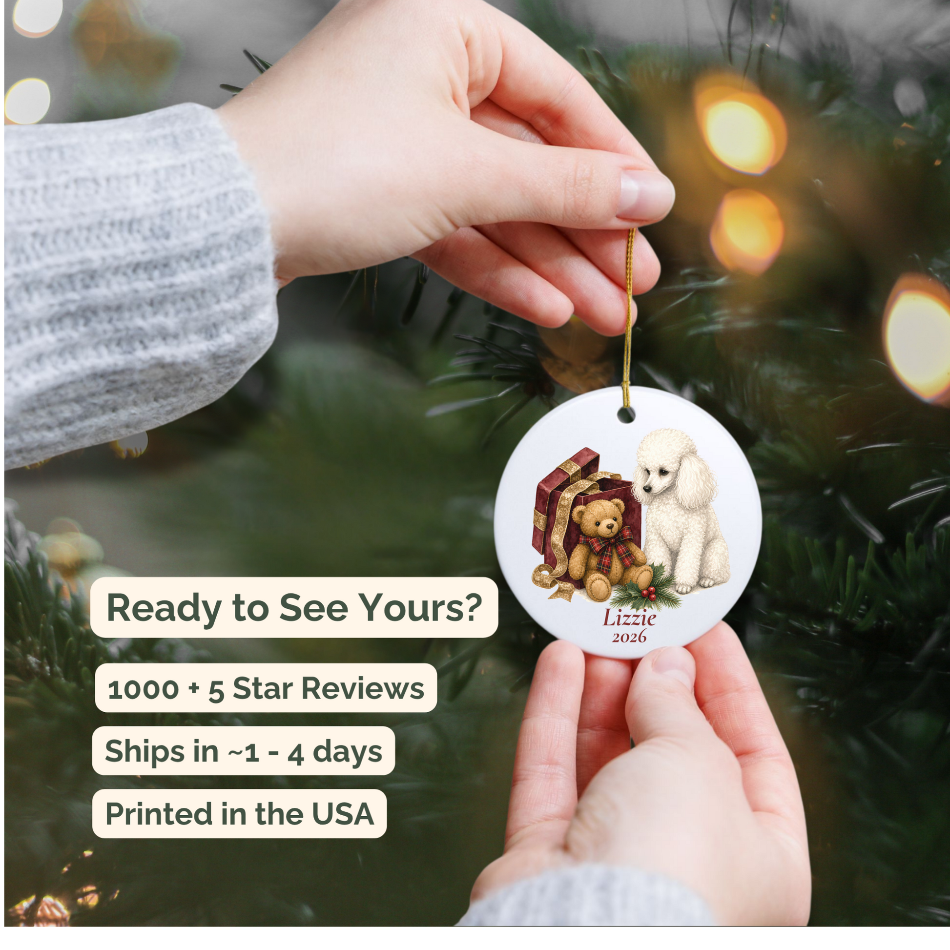 Hand holding a personalized Miniature Poodle ceramic ornament beside a Christmas tree