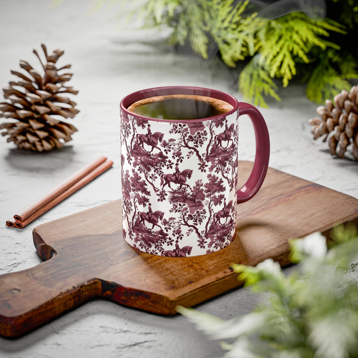 Dressage Horse petite cranberry toile ceramic mug styled on a table, lifestyle photo