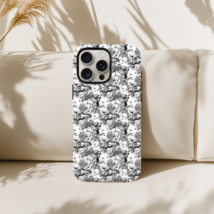 Black toile Goldendoodle phone case, back view